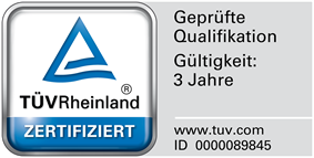 Original TÜV Rheinland Prüfzeichen, geprüfte Qualifikation, drei Jahre gültig, ID 0000089845